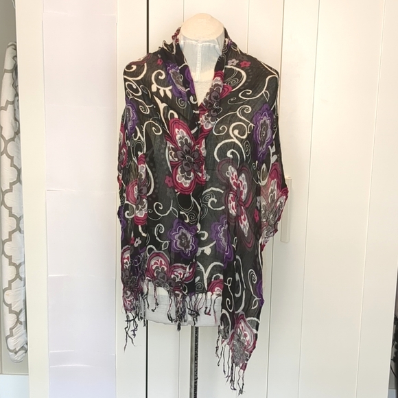 Black Pink and Purple Floral Print Sheer Scarf - Picture 2 of 2